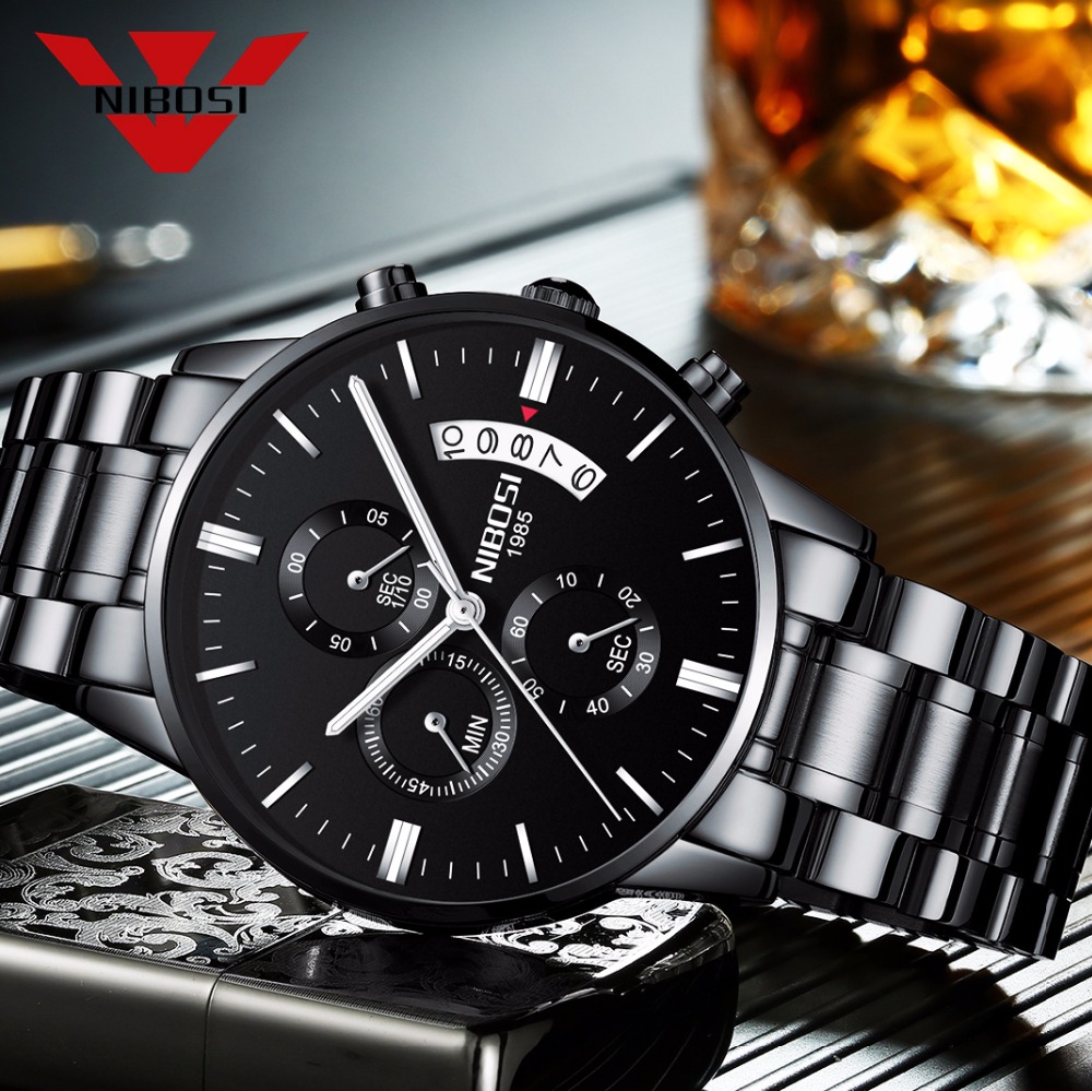 Luxury Watch Top 10 - Nibosi aço inoxidável preto relógio de